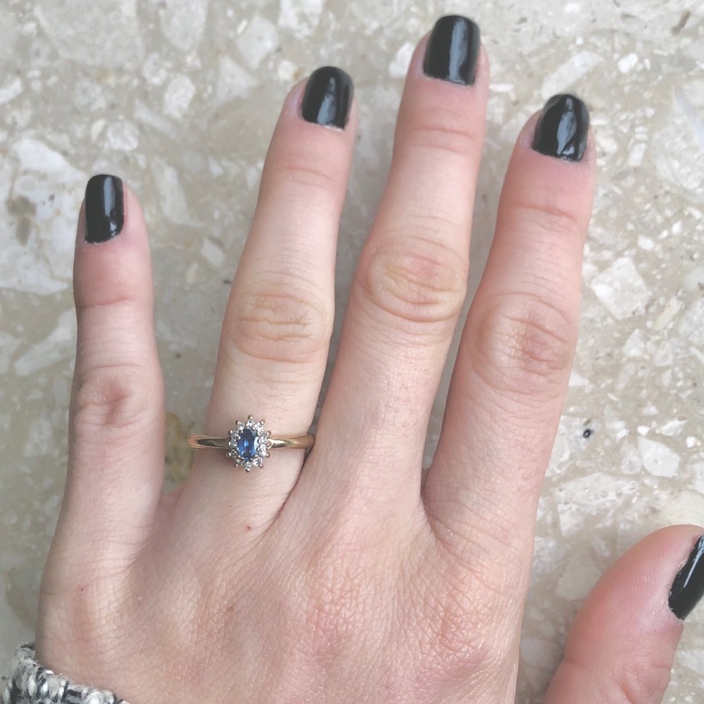 SOLD (Etsy) Light Blue Sapphire Diamond Halo Yellow Gold Ring - Picture 2 of 8